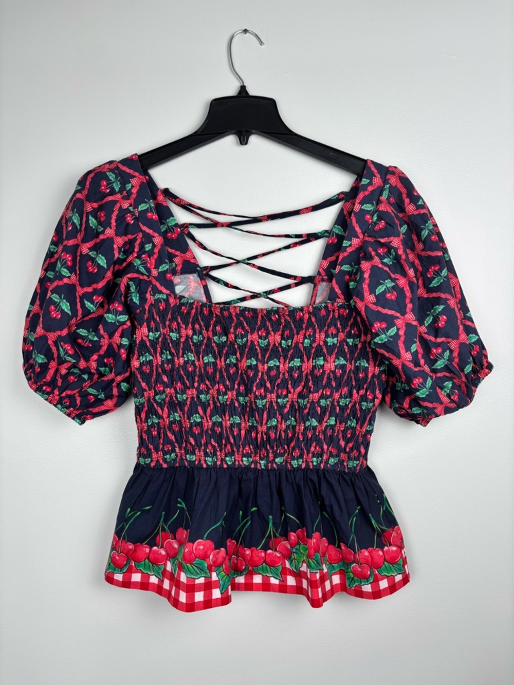 Damson Madder Allegra Blouse Womens 10 Navy Red Cherry Pie Puff Sleeve Smocked